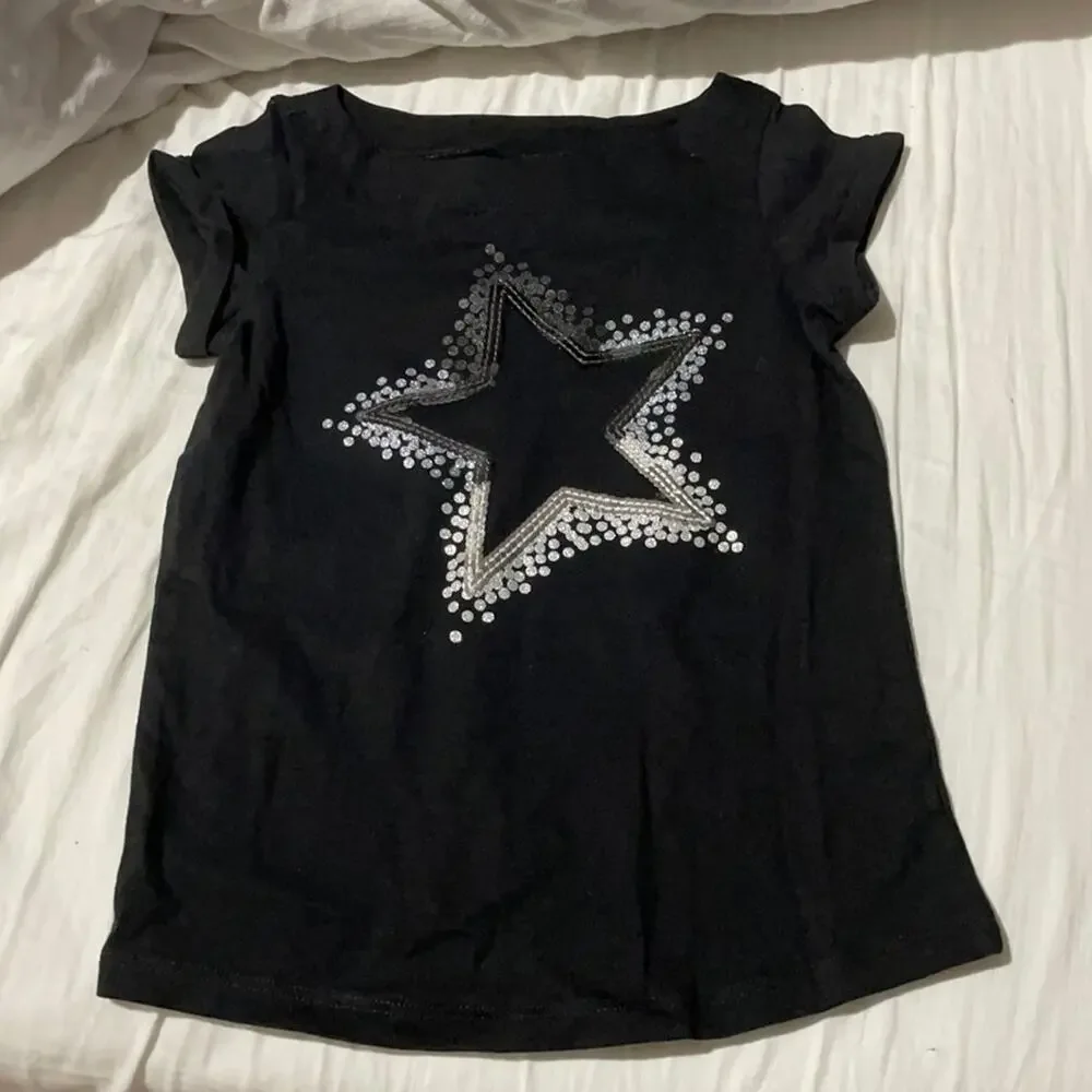 Gymboree 5 black short sleeve t silver sequined star nwt